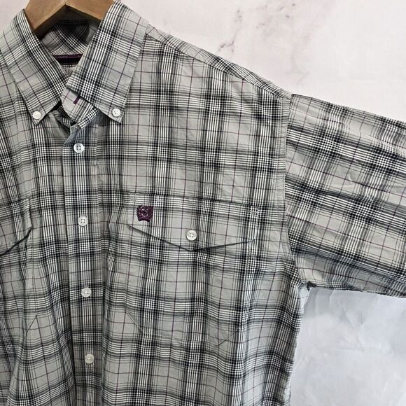 Cinch Shirt Mens Small Gray Button Down Plaid Long Sleeve Purple Black - Picture 11 of 12